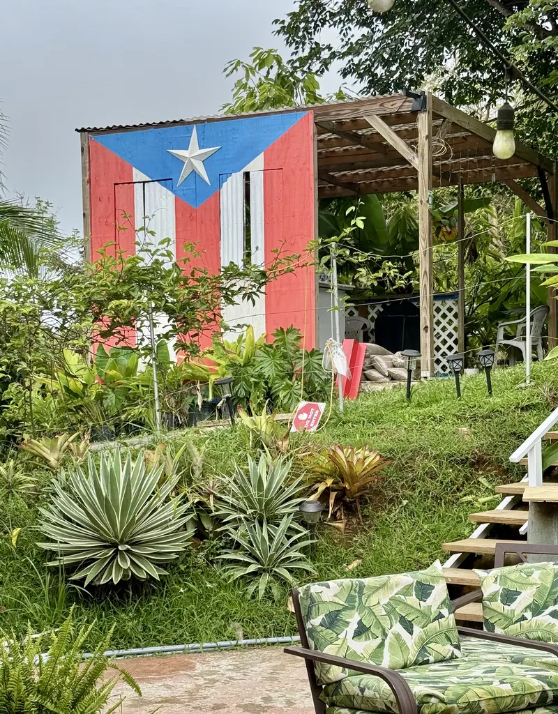 Farm shed painted with the Puerto Rican flag at a cacao farm in Luquillo, Puerto Rico