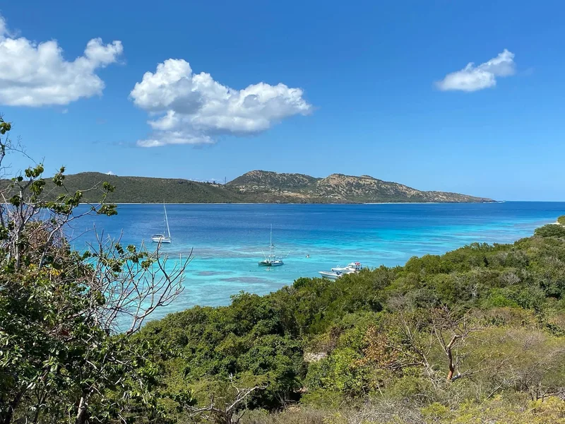 Elevated view over the reef shallows from Culebrita high ground toward Culebra