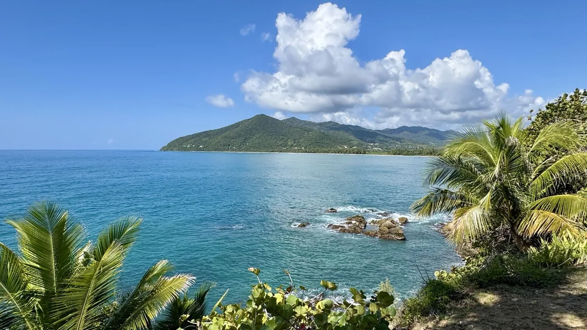 Maunabo Puerto Rico coastline with turquoise Caribbean water, palm trees and mountain - Paradise Seekers